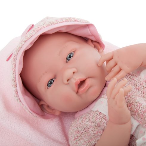 Élethű játékbabák - Berenguer élethű játékbaba rózsaszín kötött ruhában és sapkában 38c