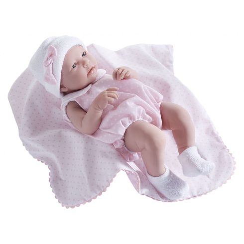 Élethű játékbabák - Élethű Berenguer babák - Játékbaba pöttyös rózsaszín ruhában takaróval 43cm