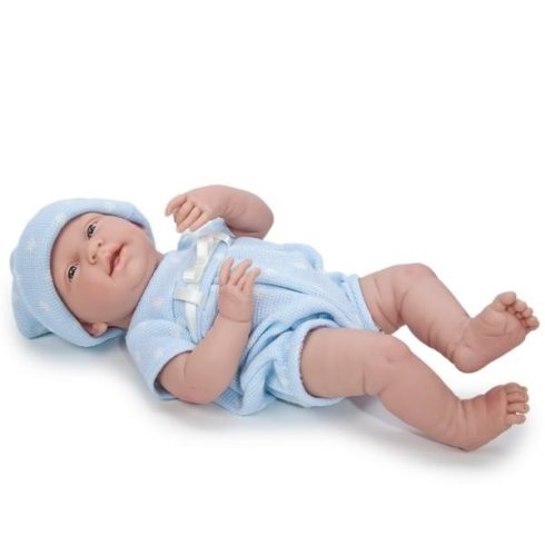 Élethű játékbabák - Élethű Berenguer babák - Mosolygós játékbaba kék pöttyös ruhában 38cm