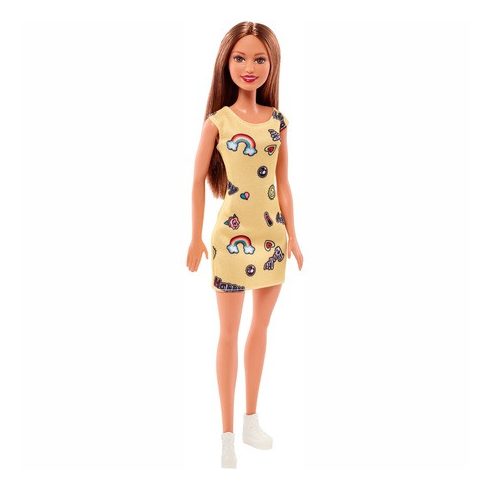 Barbie baba citromsárga vidám ruhában barna hajjal - Mattel