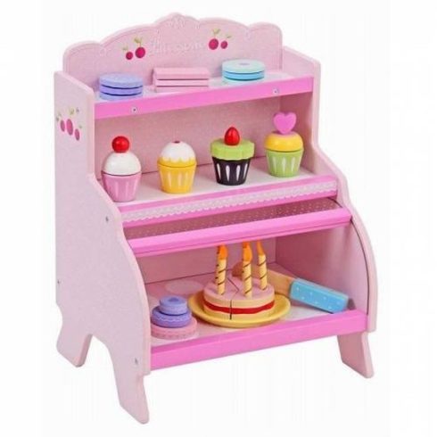 Játékkonyha kiegészítők - Fa süteményes pult kiegészítőkkel (rózsaszín)