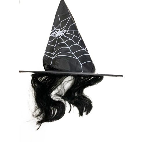 Farsangi jelmezek, jelmez kiegészítők - Boszorkány kalap hajjal, pókhálós