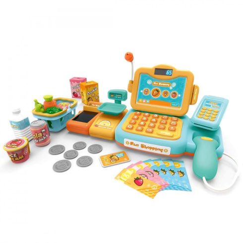 Boltos játékok -  Játék pénztárgép elektronikus kiegészítőkkel fénnyel és hanggal, narancssárga