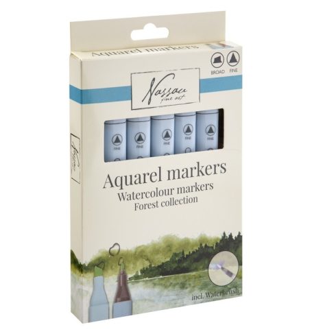 Aquarell marker set - 2 heggyel 6 db-os készlet az erdő színeivel vízzel tölthető ecsettel.