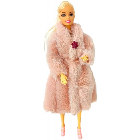 Játékbaba rózsaszín téli bundában