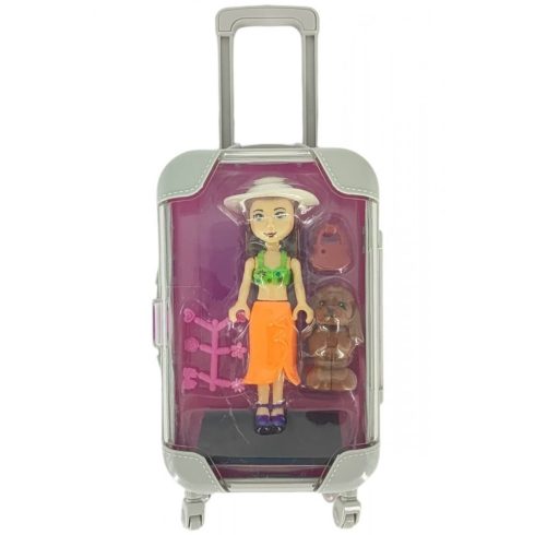 Játék baba készlet kiegészítőkkel húzós bőröndben 9,5x22 cm - barna uszkárral