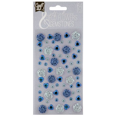 Virágok és drágakövek, deko öntapadós matricák, 25x9,5cm -  kék árnyalatok