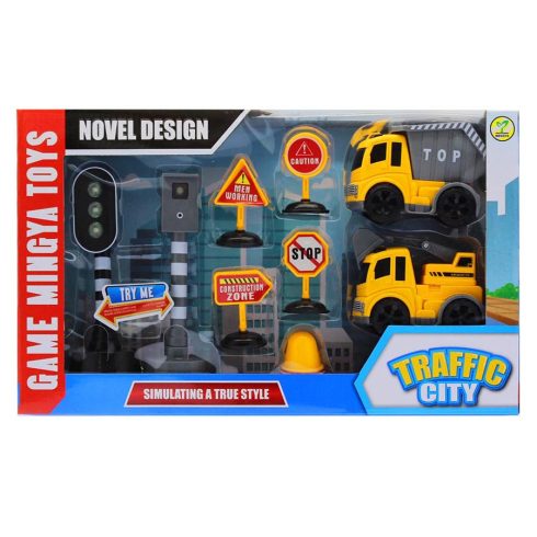 Autós játékok - Játék közlekedési készlet, munkagépek, közlekedési táblák, lámpa, trafipax