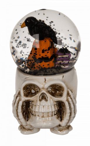 Polyresin csillogó hógömb, Halloween figura, koponya alapon, kb. 5, 5 x 7, 5 cm, 4 féle