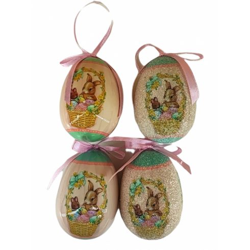 Húsvéti dekorációs tojás nyuszi kosárban 4db