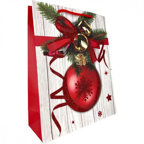 Karácsonyi ajándék tasak piros díszgömb mintával